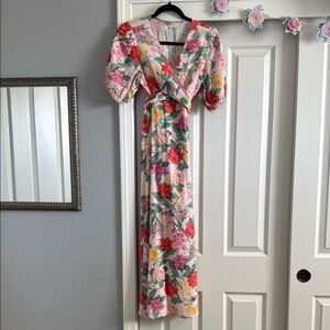 Old Navy Pink and Red Floral Puff Sleeve Maxi Dress